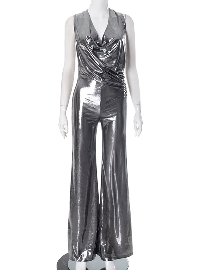 Sexy Halter Metallic Shiny Ruched Jumpsuits