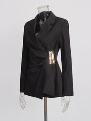 Notched Lapel Metallic Decor Ruched Asymmetrical Blazer