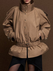 Stand Collar Belted Cropped Trench Coat-boutique