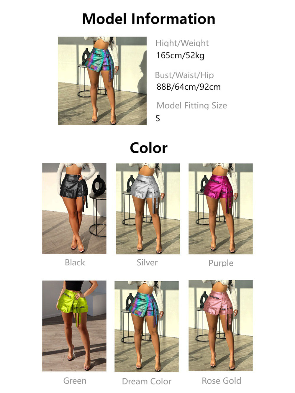 Casual Metallic Shiny High Waist Irregular Shorts Skirs