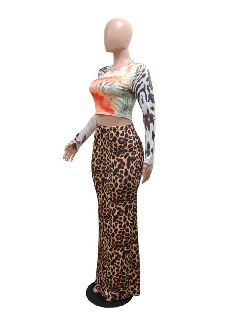 Leopard Print Round Neck Crop Top Slim Skirt Two Piece
