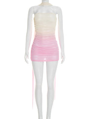 Sexy Mesh Ruched Strapless Bodycon Mini Dress