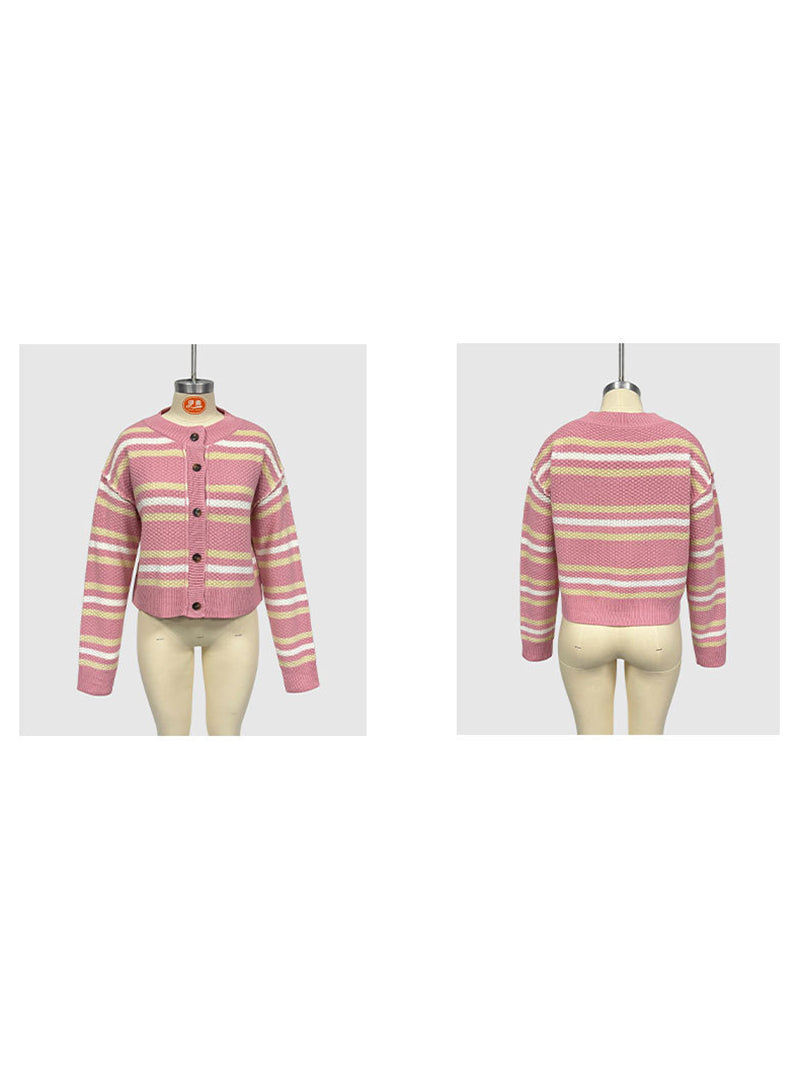 Casual Striped Button-Up Cropped Cardigan