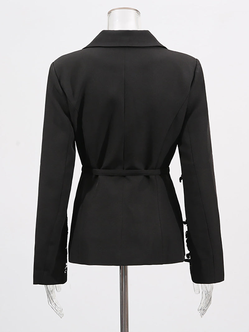 Fashion Lace Patchwork Cinched Waist Bandage Blazer