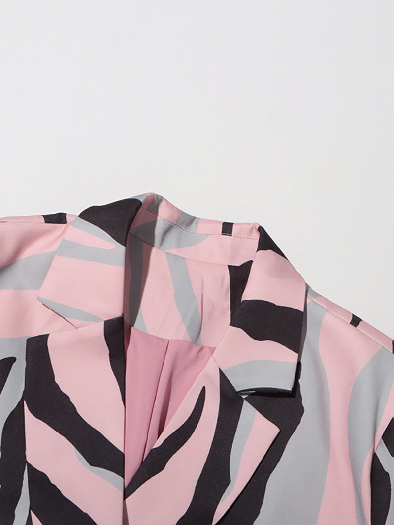 Fashion Pink Abstract Prints Belted Blazer