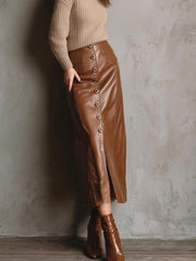 Fashion Faux Leather Button High Waist Midi Skirt