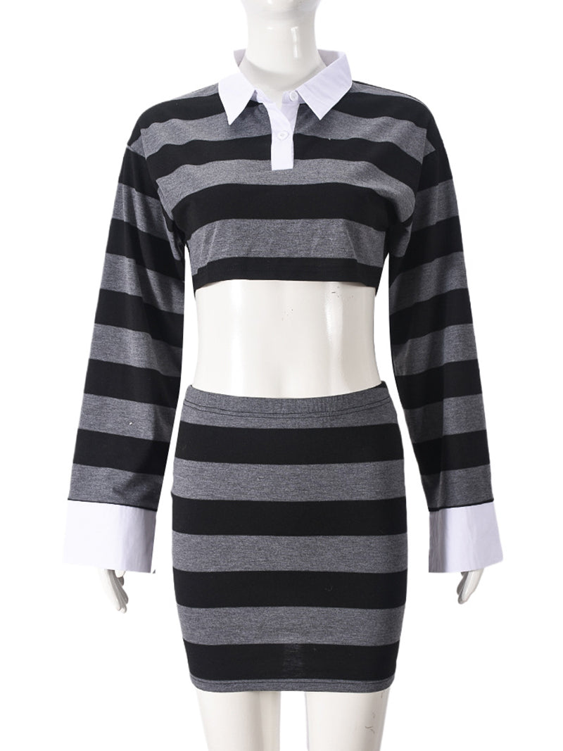 Fashion Striped Cropped Top Mini Skirt Sets