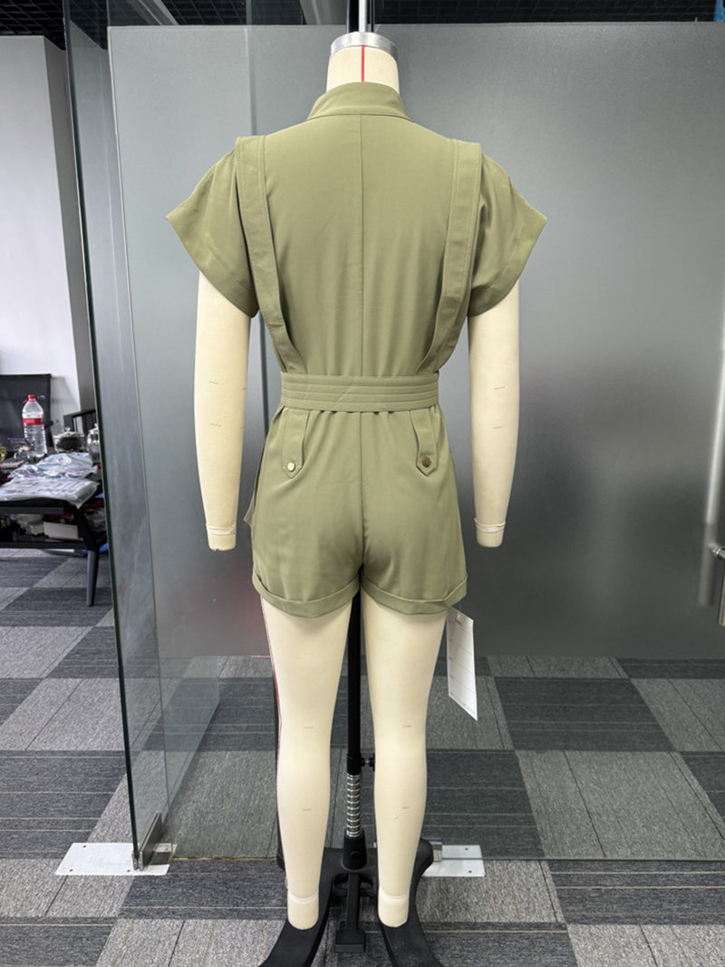 Casual Cinched Waist Cargo Jumpsuit Shorts