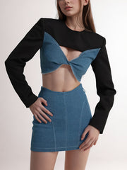 Long Sleeve Hollow Out Top Straight Skirt Two Piece Set