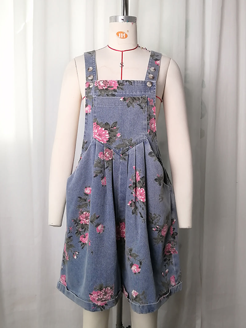 Casual Wide-Leg Floral Print Denim Overalls Shorts
