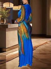Fashion V Neck Colorful Print Slim Maxi Dress
