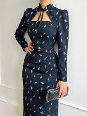 Elegant Stand Collar Lace-up Print Slim Maxi Dress