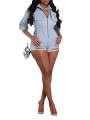 Casual Zip-Front Washed Elastic Denim Romper