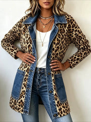 Leopard Print Denim Blazer Jacket with Pockets
