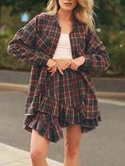 Fashion Loose Plaid Shirt And Ruffled Mini Skirt Set