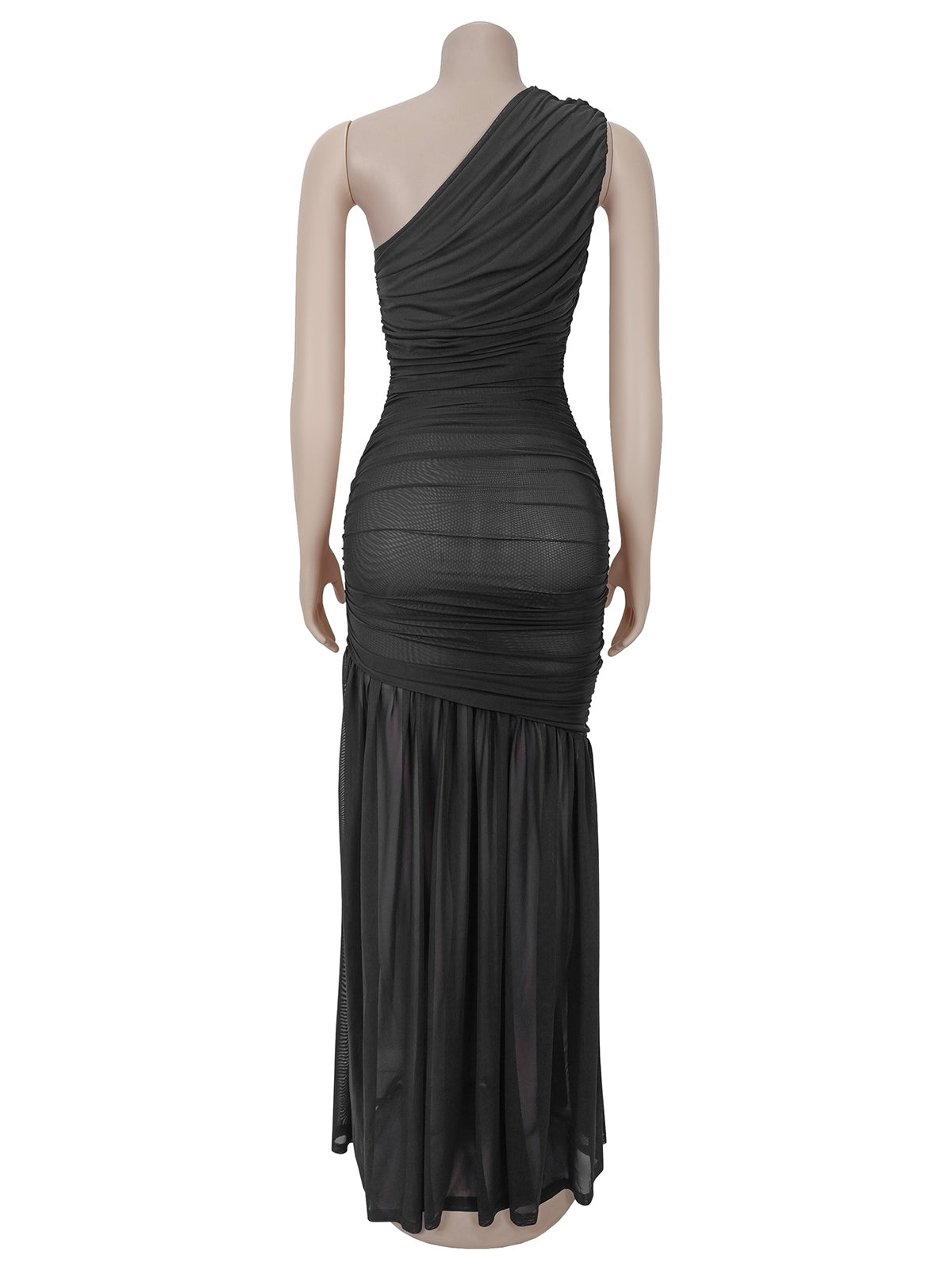 Elegant Mesh See-Through Oblique Collar Maxi Dress