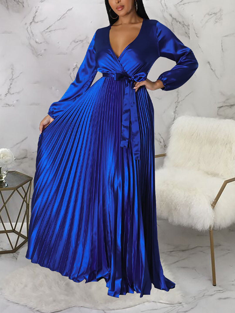 V Neck Cocktail Party Maxi Pleated Dress