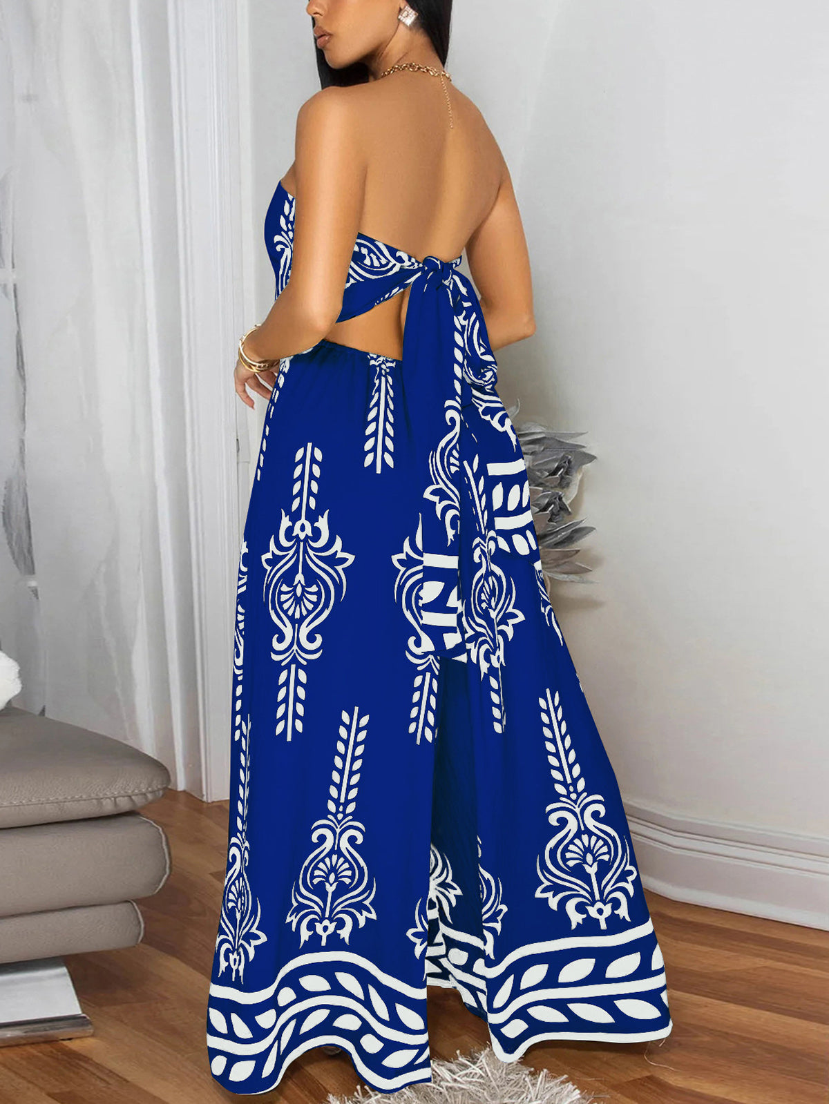 Fashion Print Strapless Wide Leg Jumpsuit