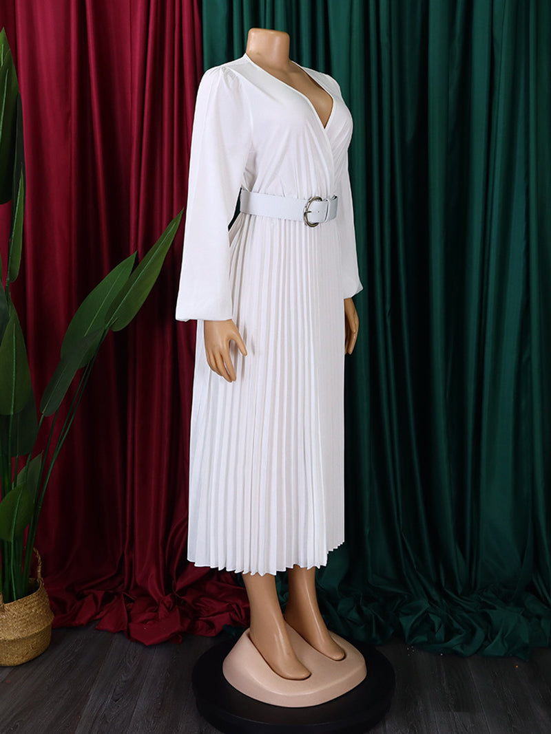 Elegant V-neck Solid Pleated African Dress