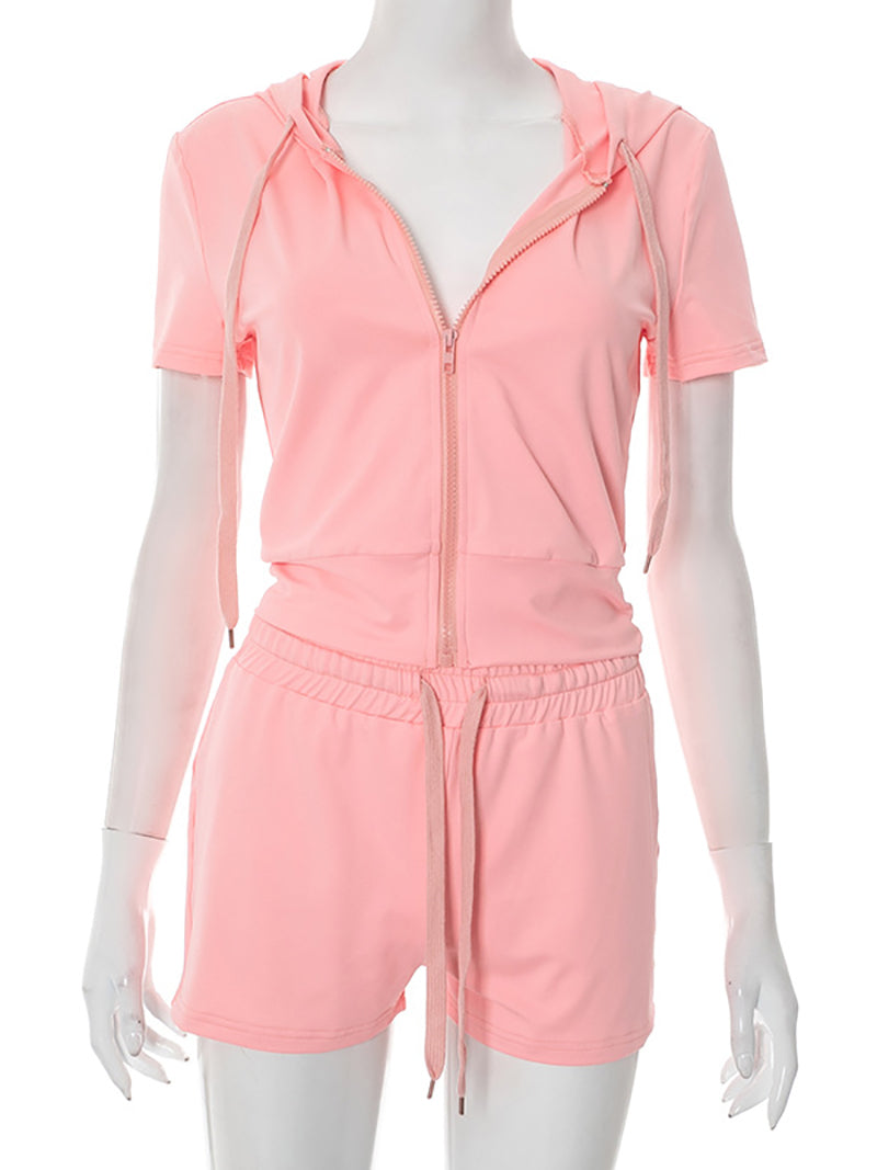 Front Zipper Hooded Crop Top Shorts Casual Set