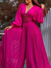 Fashion Beaded V Neck Loose Wide Leg Jumpsuit