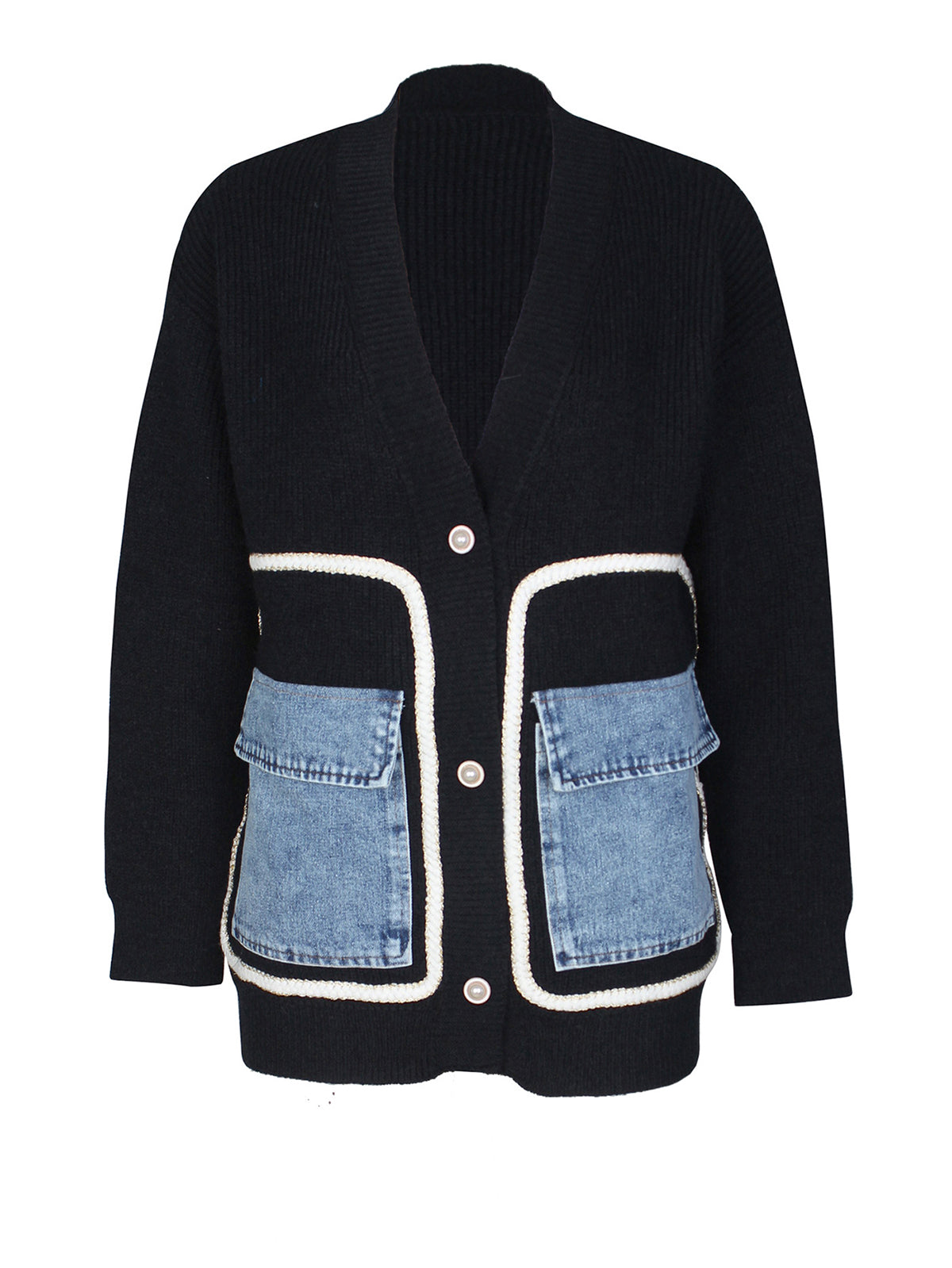 Denim Patchwork Pocket Single-Breasted Cardigan