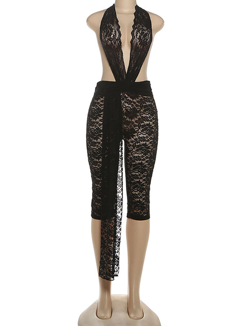 Sexy Backless Halter Lace Hollow Out Skinny Jumpsuits