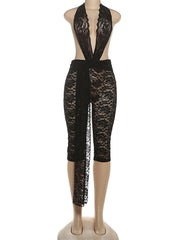 Sexy Backless Halter Lace Hollow Out Skinny Jumpsuits