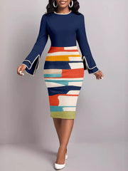 Block Zipper O Neck Pencil Skirt Dress