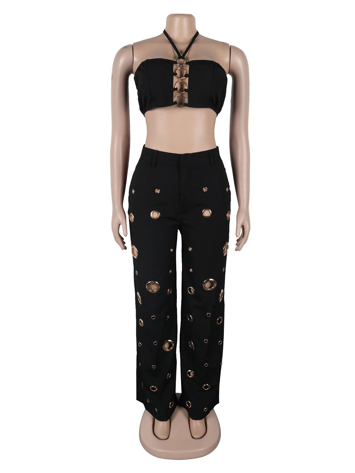 Sexy Metal Ring Hollow Crop Top Wide Leg Pants Sets