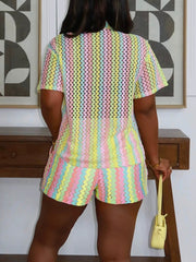 Casual Contrast Color Crochet Short Set