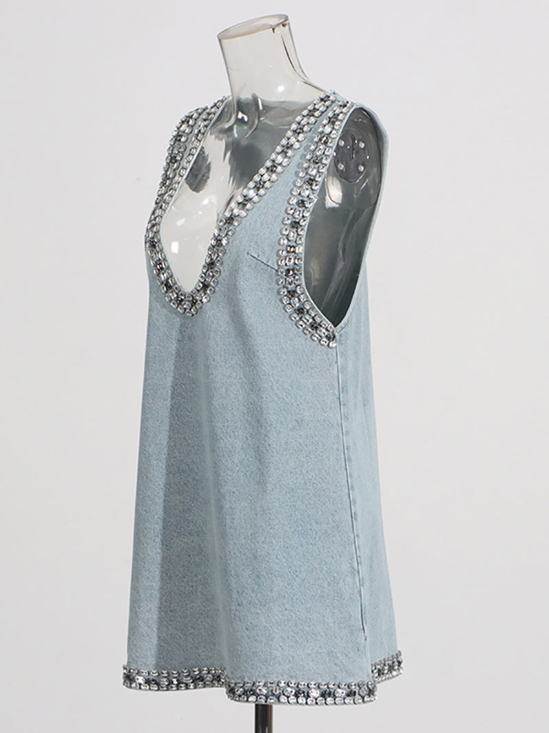 Elegant Crystal Embellished Sleeveless Denim Dress
