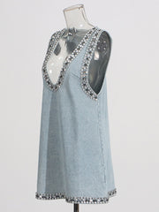 Elegant Crystal Embellished Sleeveless Denim Dress