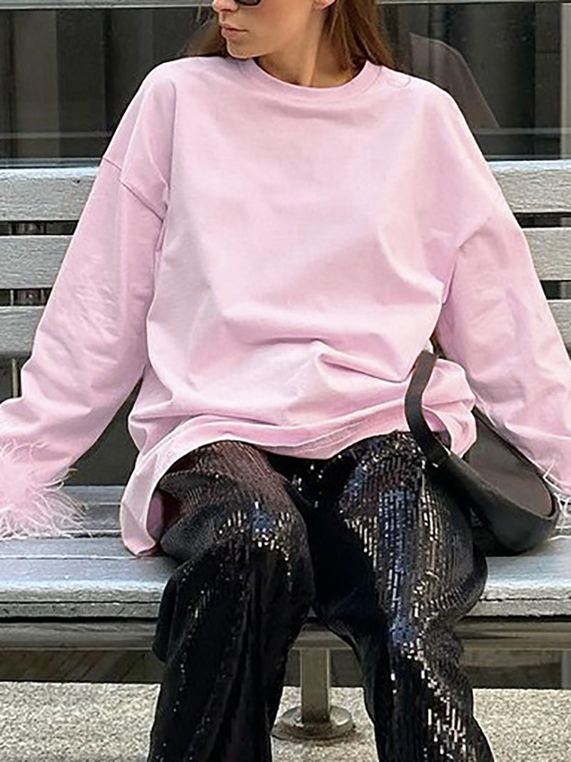 Causal Round Neck Long Sleeve Patchwork Feather T Shirt