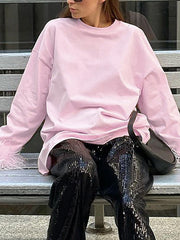 Causal Round Neck Long Sleeve Patchwork Feather T Shirt