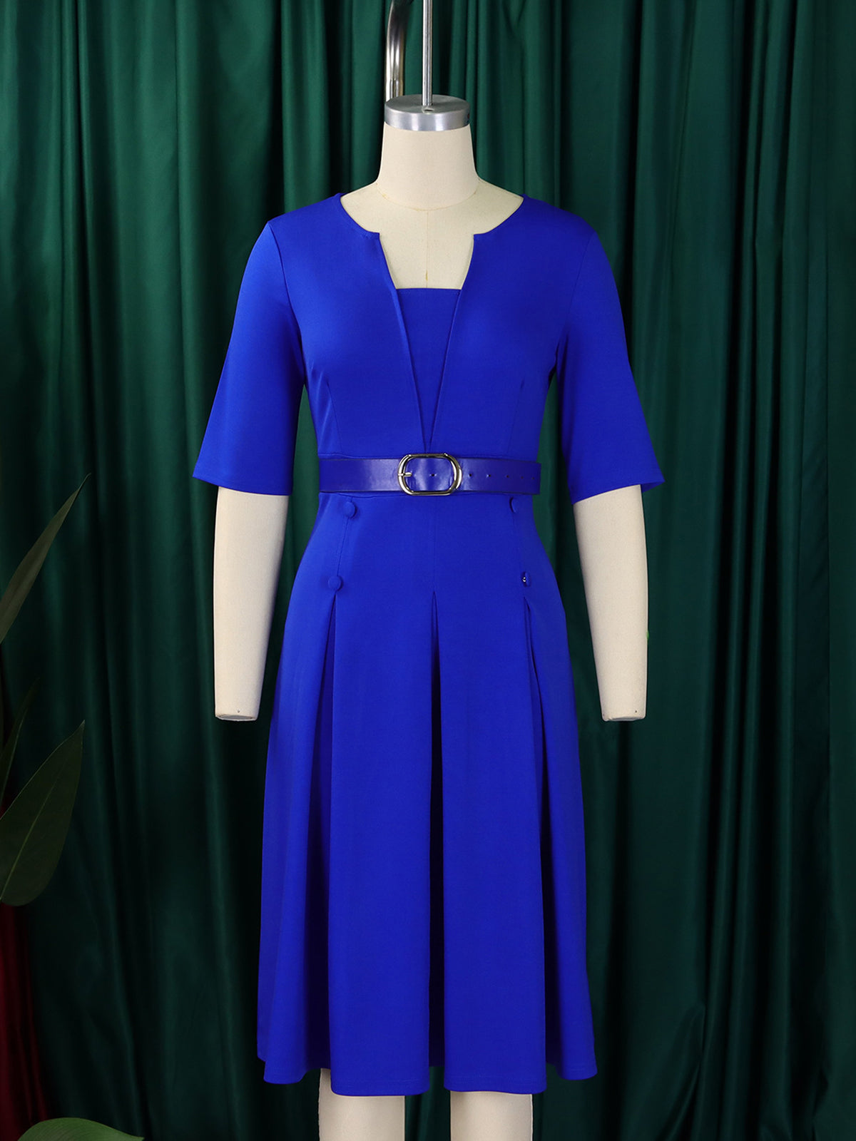 Elegant V Neck High Waist Belt Pleated Dress