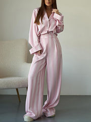 Elegant Loose Stripe Shirt And High Waist Pants Set