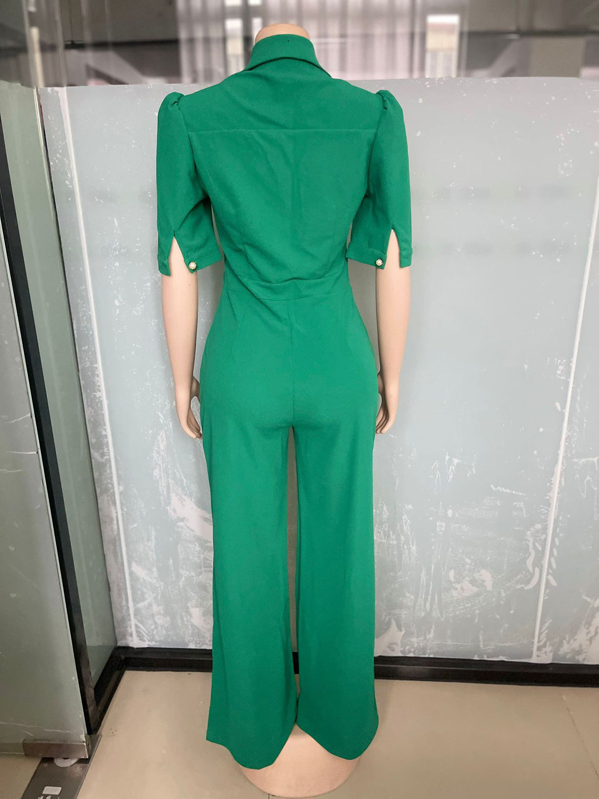 Turndown Collar Short Sleeve Wide Leg Jumpsuit
