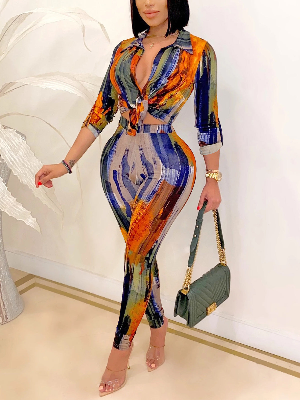 Print Turn-Down Collar Shirt Skinny Pants Two Piece Set