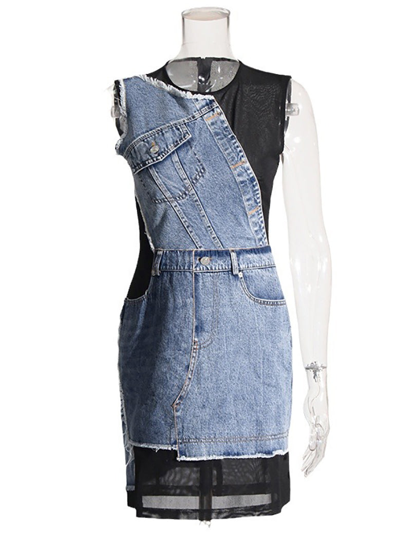 Fashion Denim Patchwork Mesh Package hip Dress