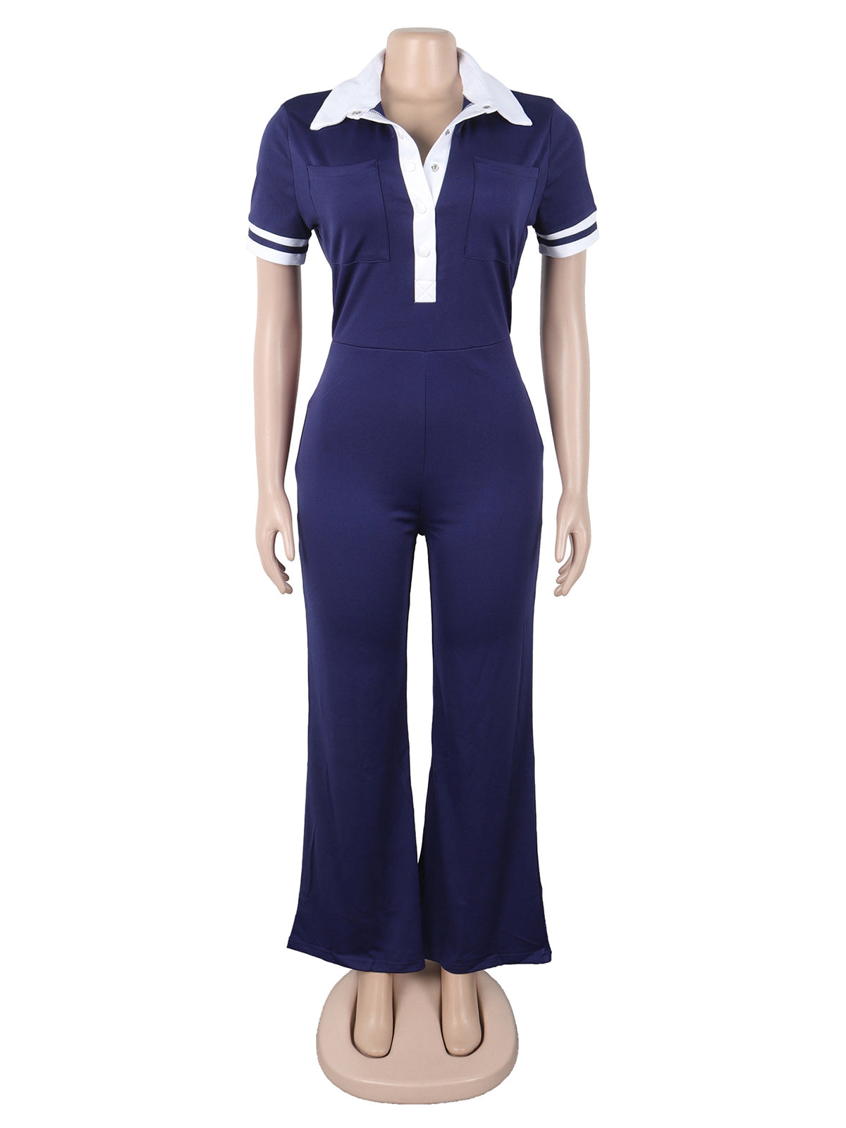 Elegant Turn-Down Collar Patchwork Wide Legs Jumpsuit