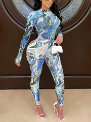 Casual Print Bodysuit Sheer Mesh Tight Pants Sets