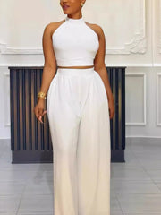 Sexy Pleated Sleeveless Top Wide Leg Pants 2 Piece Set