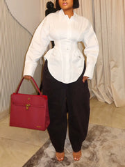 Belted Asymmetric Long Sleeve Blouse