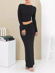 Long Sleeve Bodycon Pullover Top Maxi Skirt Set