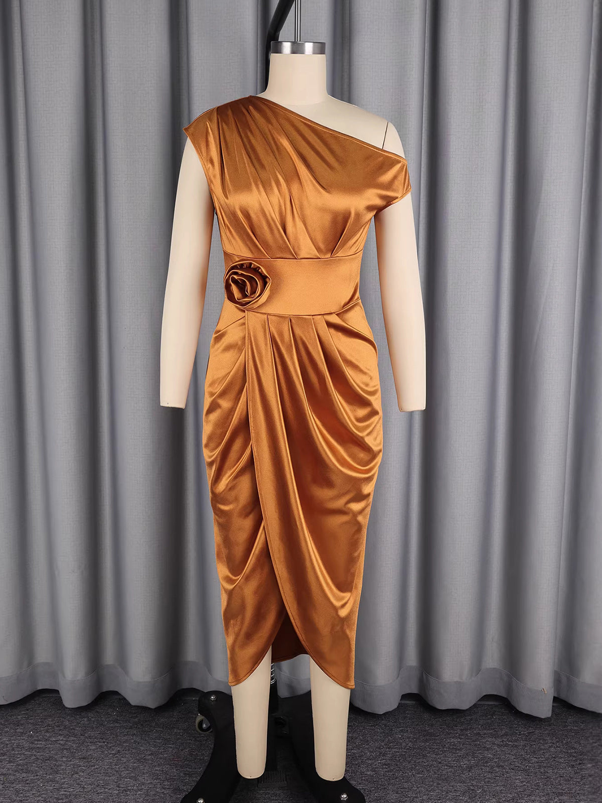 Sexy Satin Single Shoulder Split Midi Dress