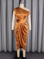 Sexy Satin Single Shoulder Split Midi Dress