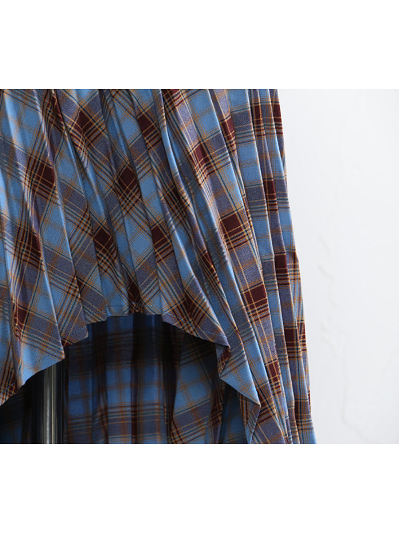 Retro Checked Pleated Asymmetry Skirt