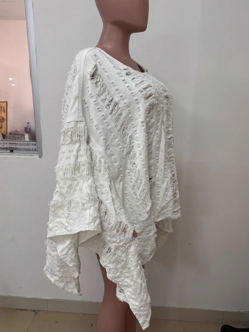 Casual Batwing Sleeve Loose Ripped Denim T-Shirt Top