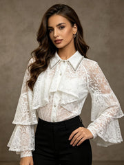 Rhinestone Lace Ruffle Collar Blouse-boutique